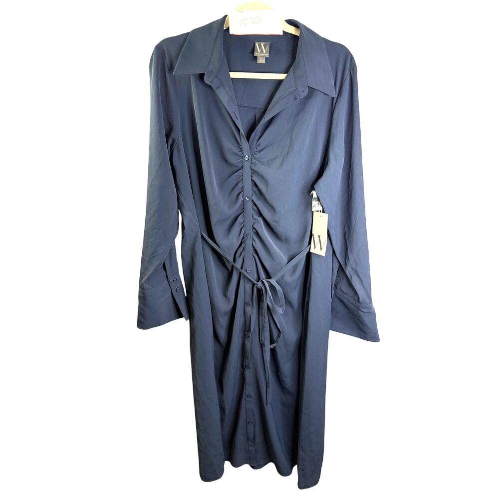 Worthington XL Ruched Midi Shirt Dress Petrol Blue Tie Waist NWT Career